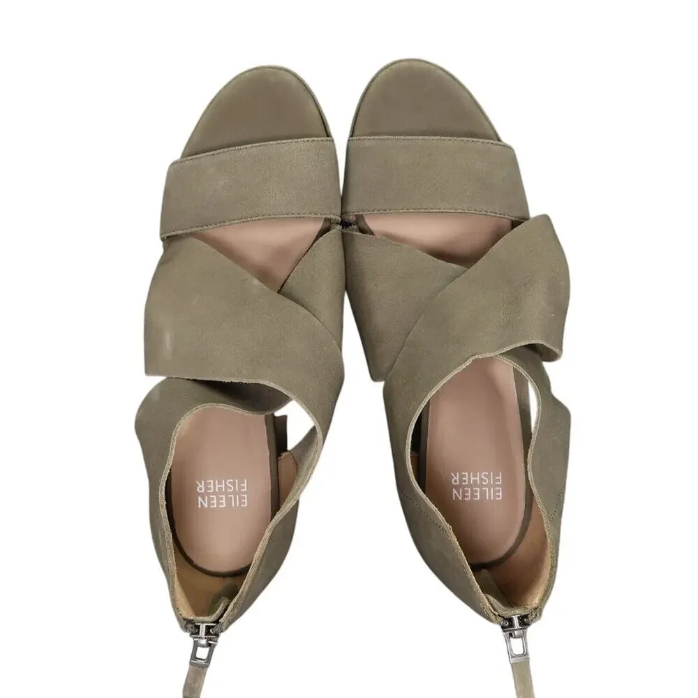 Eileen Fisher Shoes Womens 7.5 Sandal Block Heel Fashion Marla Leather Olive Zip